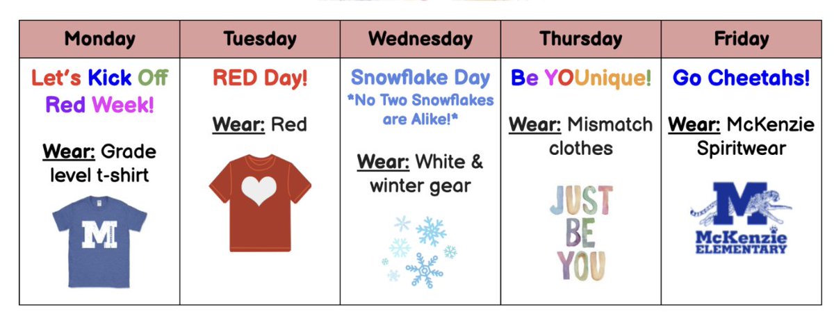 McKCheetahs's tweet photo. Red week begins Monday, January 23. Please refer to this information to know what to wear to school. #d39cheetahs https://t.co/F5m3IB0zCc