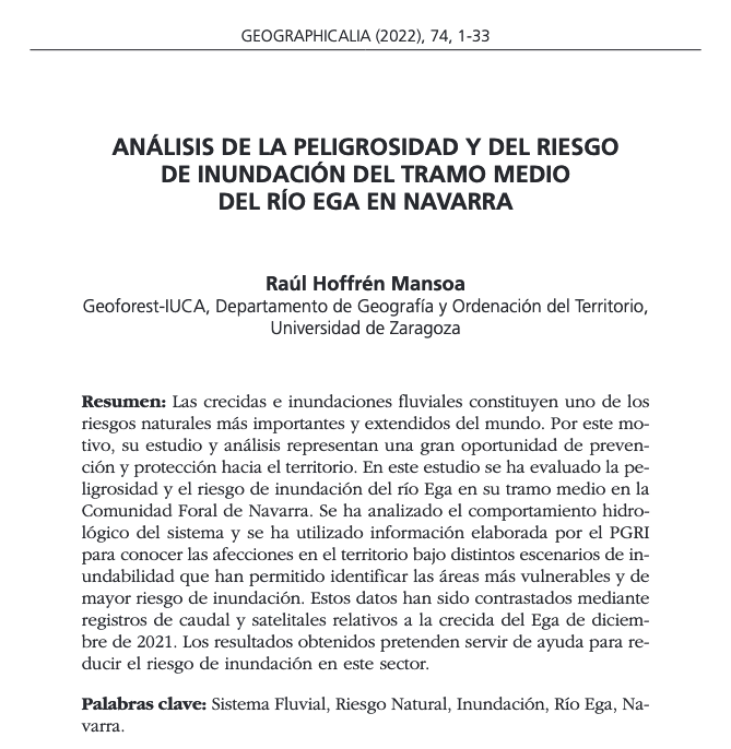 #GEOPH74 #Articulo Análisis de la peligrosidad y del riesgo de inundación del tramo medio del río Ega en Navarra. Raúl Hoffrén <a href="/Geografia_UZ/">Geografía Unizar</a> 
DOI: doi.org/10.26754/ojs_g…