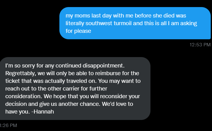 Since <a href="/SouthwestAir/">Southwest Airlines</a> refuses to reimburse me for a flight I only needed to purchase because of their mistakes, they are asking me to reach out to <a href="/AmericanAir/">americanair</a> to reimburse me instead, when they did nothing wrong, I'm still traumatized and out hundreds of dollars. AA can you help?
