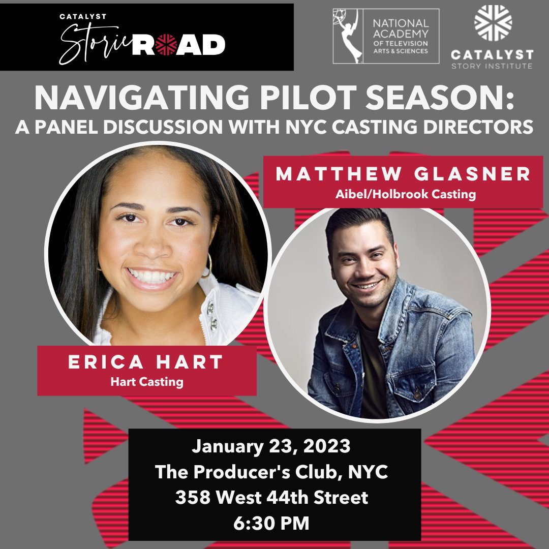 catalystories's tweet photo. We're so excited to announce Erica Hart and Matthew Glasner as two of our panelists for Monday's New York event on Monday, January 23rd, at 6:30 P.M.
Register here >> https://t.co/TMovFc23h5
#catalystories #casting #pilotseason https://t.co/7uPioCgYUf