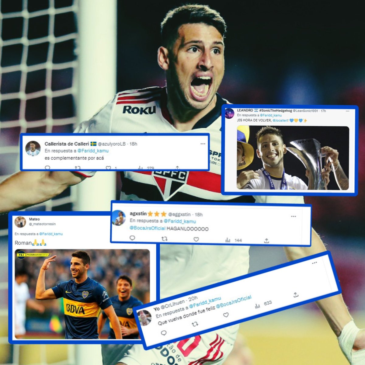 PlanetaBoca's tweet photo. 🧐 Calleri a Boca: ¿sí o no? 

🚨 En Brasil aseguran que @Jocalleri no seguiría en San Pablo. 

¿Te gustaría que vuelva? https://t.co/YMtlCd1Ior