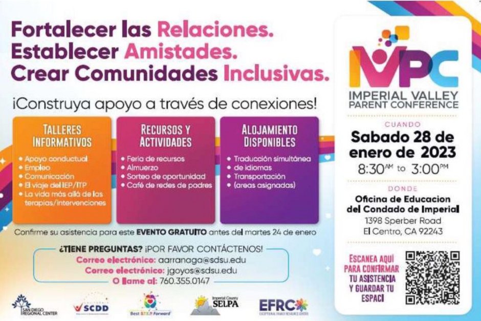 CONFERENCIA GRATUITA para padres del Valle de Imperial (sábado 28 de enero del 2023, 8:30-am-3:00pm). Aprenda sobre servicios, recursos, y conéctese con otras familias, proveedores de servicios y agencias comunitarias. Regístrese hoy ➡️ bit.ly/3XiuFJW