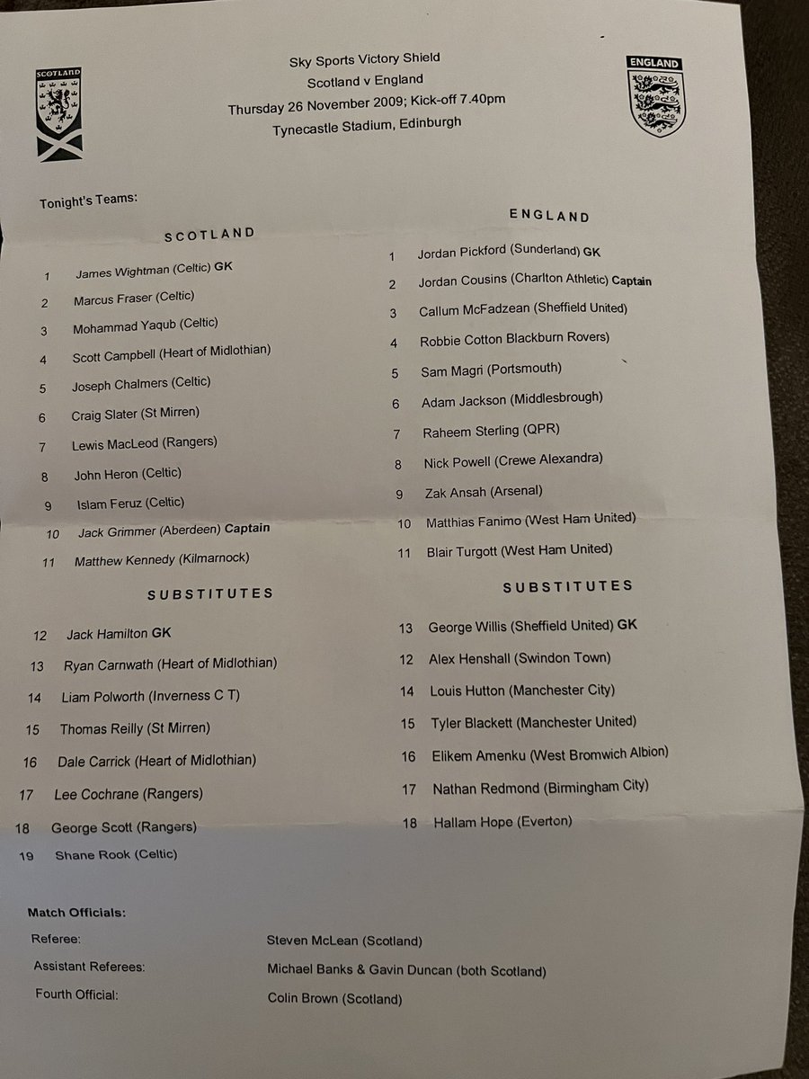 scottsas's tweet photo. Here’s the team sheet from the 2009 u16 international @ScotlandNT v @England some names in there! https://t.co/GMxpFxf6Gc