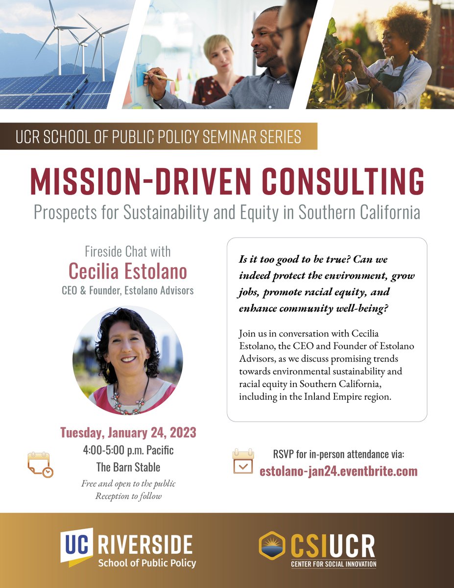 UCR School of Public Policy (@ucrspp) on Twitter photo Join us on Jan. 24th for a Fireside Chat with Cecilia Estolano, CEO & Founder of <a href="/estolanoadvises/">Estolano Advisors</a>, as part of the #UCRSPP Seminar Series.
Cohosted by the UCR School of Public Policy & <a href="/CSIUCR/">Center for Social Innovation, UCR</a>.
RSVP via estolano-jan24.eventbrite.com. Join us on Jan. 24th for a Fireside Chat with Cecilia Estolano, CEO & Founder of <a href="/estolanoadvises/">Estolano Advisors</a>, as part of the #UCRSPP Seminar Series.
Cohosted by the UCR School of Public Policy & <a href="/CSIUCR/">Center for Social Innovation, UCR</a>.
RSVP via estolano-jan24.eventbrite.com.