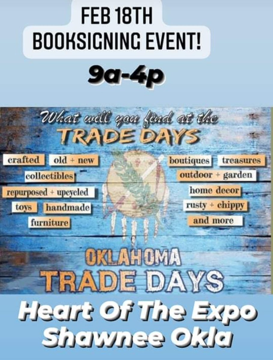 Letters4theLord's tweet image. #markyourcalendars OKLAHOMA TRADE DAYS™    Feb 18, 2023! 9 to 4. #Event 
Heart Of The Expo Center Shawnee Oklahoma 
Lots of vendors and I will have all my books available for purchase. 
Shop early online at
amazon.com/author/lindaod…

#BookSigning #WritingCommunity #booktwitter