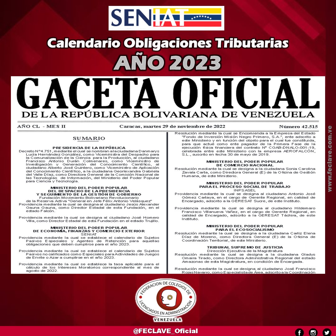 SomosCLADC's tweet photo. #InfoCLADC

Calendario Tributario SENIAT año 2023 

Descarga la Gaceta Oficial en nuestra Web: https://t.co/ozEf12QGZI 

#20ene #SENIAT #Tributos #CalendarioTributario https://t.co/0mNXejXVCX