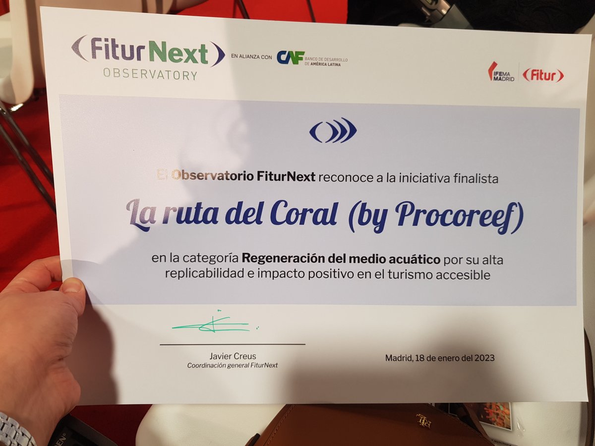 ProCoReef's tweet image. Hoy hemos estado #Fitur2023  para recibir el certificado como uno de los 12 finalistas del reto contribución del turismo a la regeneración del medio natural

@Fiturnext @AgendaCAF 

#TurismoRegenerativo #GeneraciónRestauración #SBN #SolucionesBasadasenlaNaturaleza #Restauración