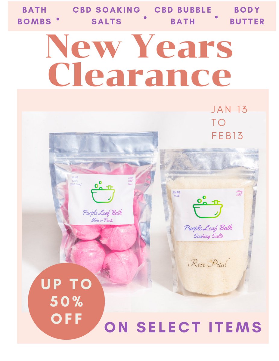 Check out our New Years Clearance Sale. Save 50% on select items. Sale ends Feb 13th.
#cbd #cbdbathbombs #cbdbodybutter #cbdsoakingsalt #cbdskincare #cbdlotion