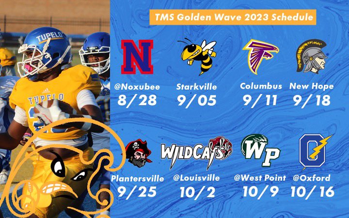 TupeloMiddleFB's tweet photo. We are EXTREMELY happy to announce TMS Football has joined the Big 7 Conference and is bringing some of the old rivalries back as well as keeping some of the current ones!

Golden Wave- time to get to work 💪🏽

Here is your 2023 @TupeloMiddleFB schedule: https://t.co/Blm9BkGWtG