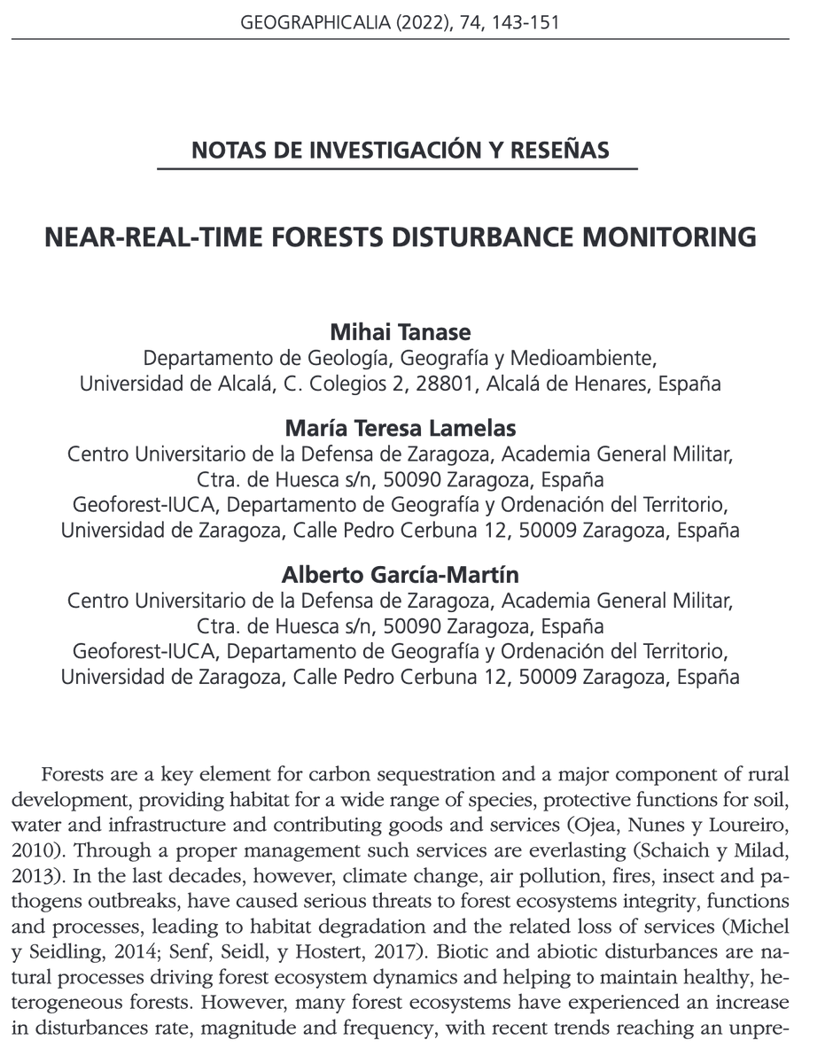#GEO74 #NotasyReseñas Near-real-time forests disturbance monitoring. Mihai Tanase, María Teresa Lamelas, Alberto García <a href="/UAHes/">Universidad Alcalá</a> <a href="/Geografia_UZ/">Geografía Unizar</a> 
DOI: doi.org/10.26754/ojs_g…