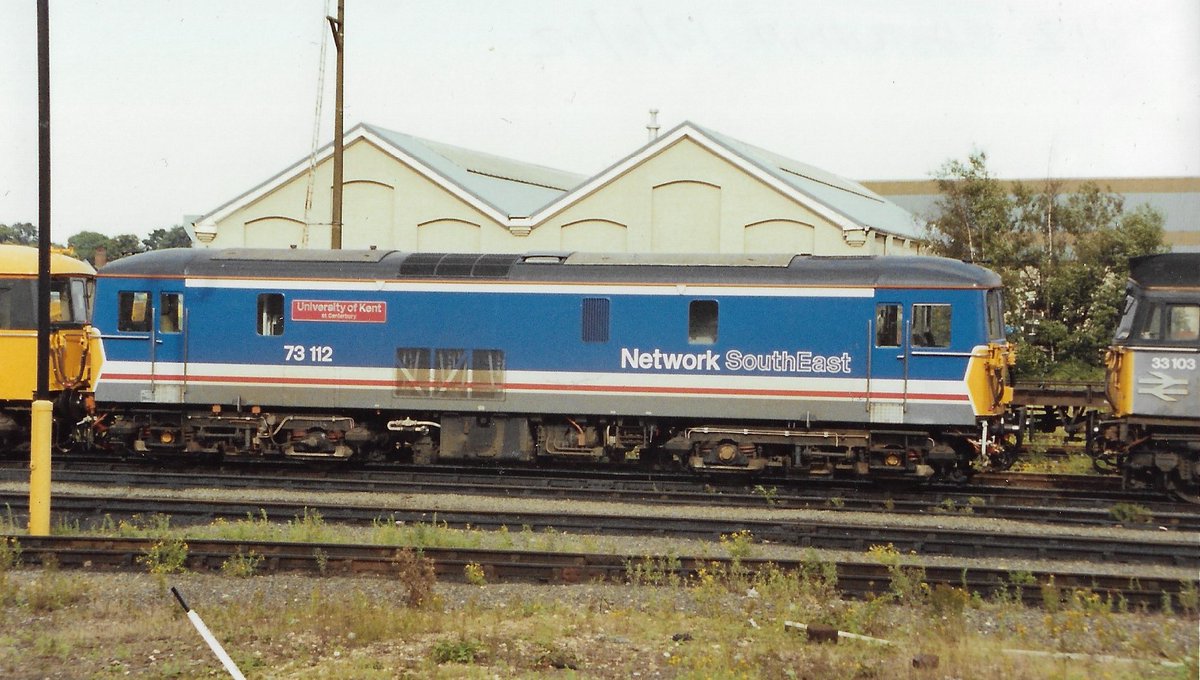 Eastleigh 12th August 1992
Network South East liveried Class 73 electro diesel 73112 'University of Kent at Canterbury' makes a fine site stabled with other typical Southern motive power
Still around with GBRF
#BritishRail #Class73 #Eastleigh #Trainspotting #NetworkSouthEast 🤓