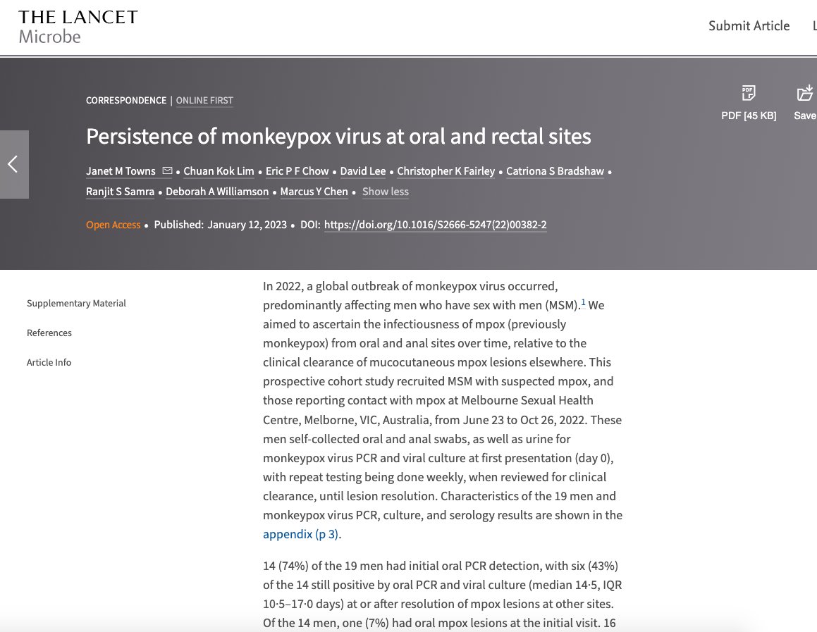 MSHC Research (@mshcresearch) on Twitter photo New article now published in <a href="/LancetMicrobe/">The Lancet Microbe</a> from Dr Janet Towns on the persistence of #Mpox virus at oral and anal sites among gay and bisexual men who have sex with men. Read the article here:
bit.ly/3CTajPB New article now published in <a href="/LancetMicrobe/">The Lancet Microbe</a> from Dr Janet Towns on the persistence of #Mpox virus at oral and anal sites among gay and bisexual men who have sex with men. Read the article here:
bit.ly/3CTajPB