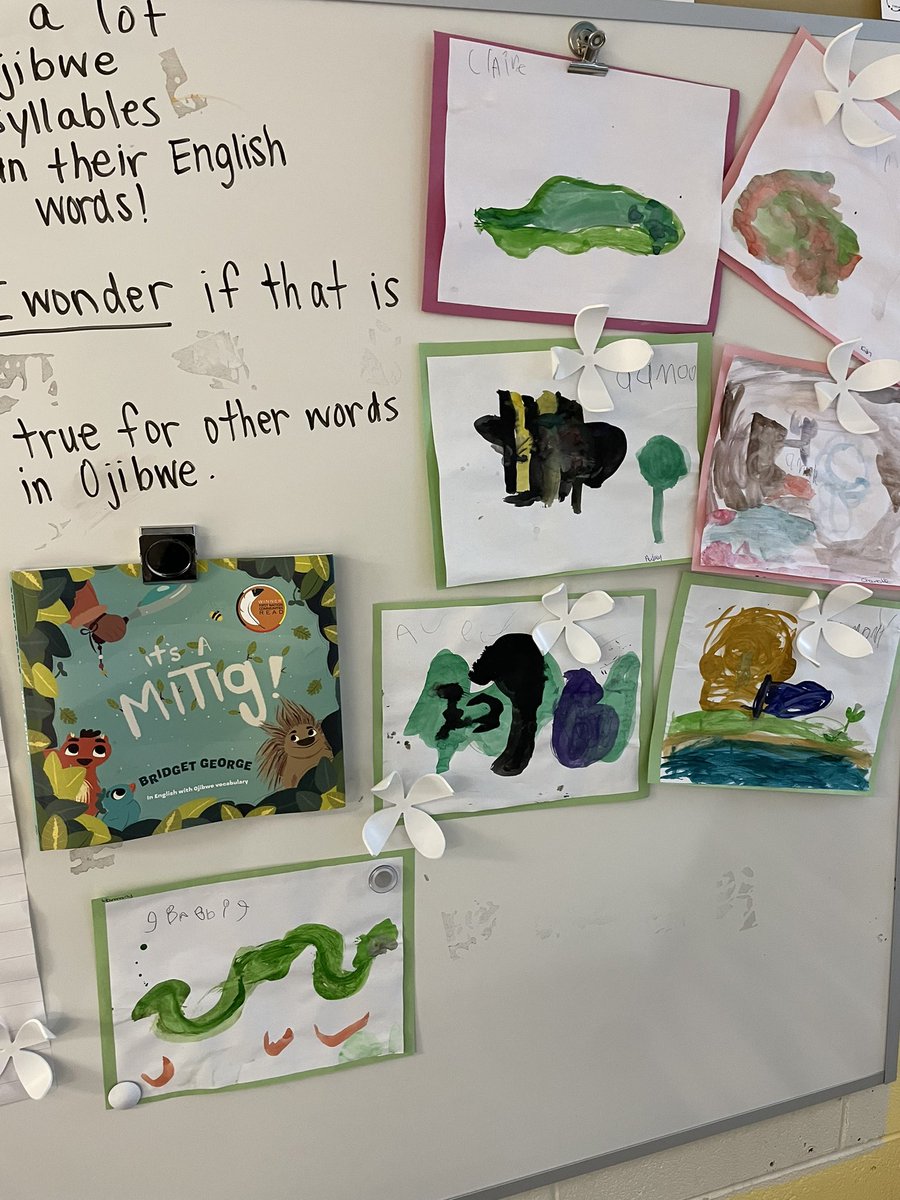 MrsChapmanLDSB's tweet photo. A little more learning about the similarities and differences between the English language and the Ojibwe language! Look at the beautiful paintings to accompany our learning! 😍 @FESFalcons_LDSB #itsamitig #ojibwelearning https://t.co/ZfhEzMigVx