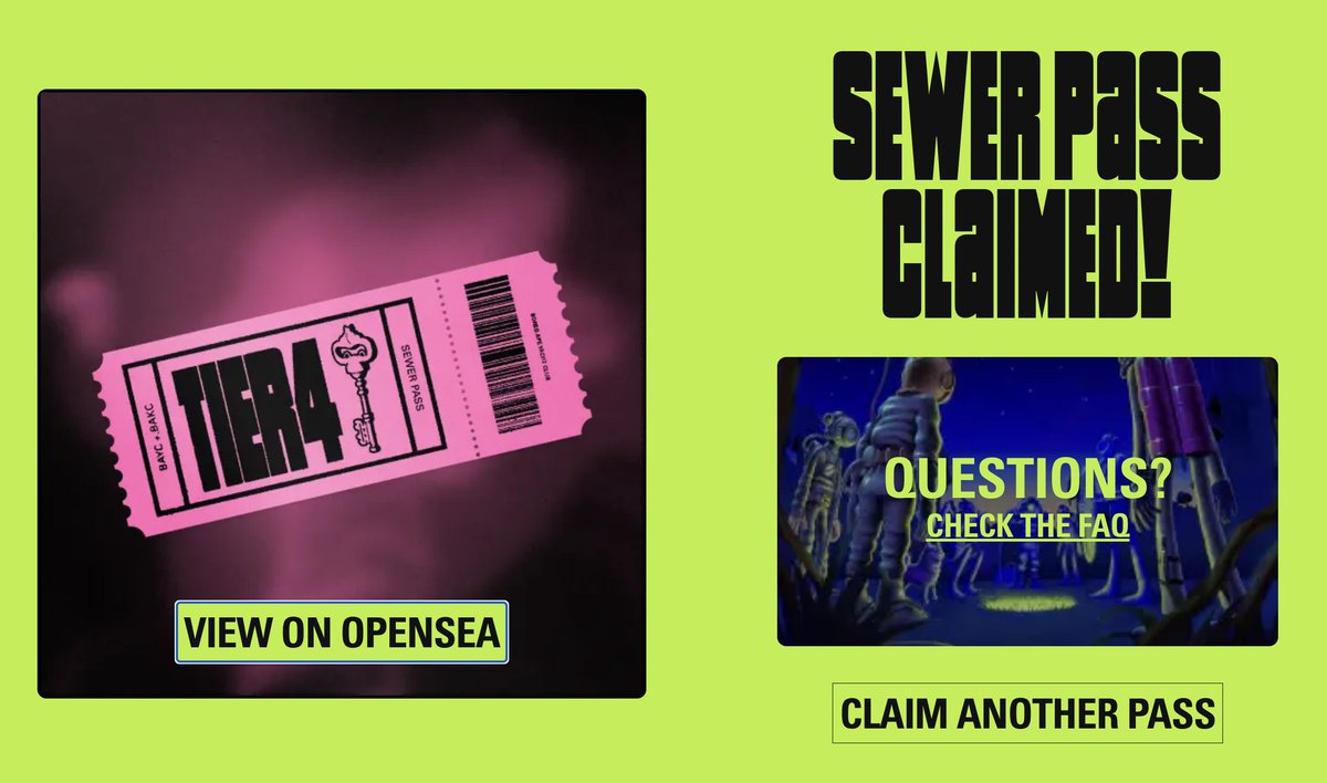 Claimed my <a href="/BoredApeYC/">Bored Ape Yacht Club 🍌</a> Sewer Pass. Tier 4 baby! I grew up gaming, so I'm going to be playing my heart out on this BAYC skill-based mint!