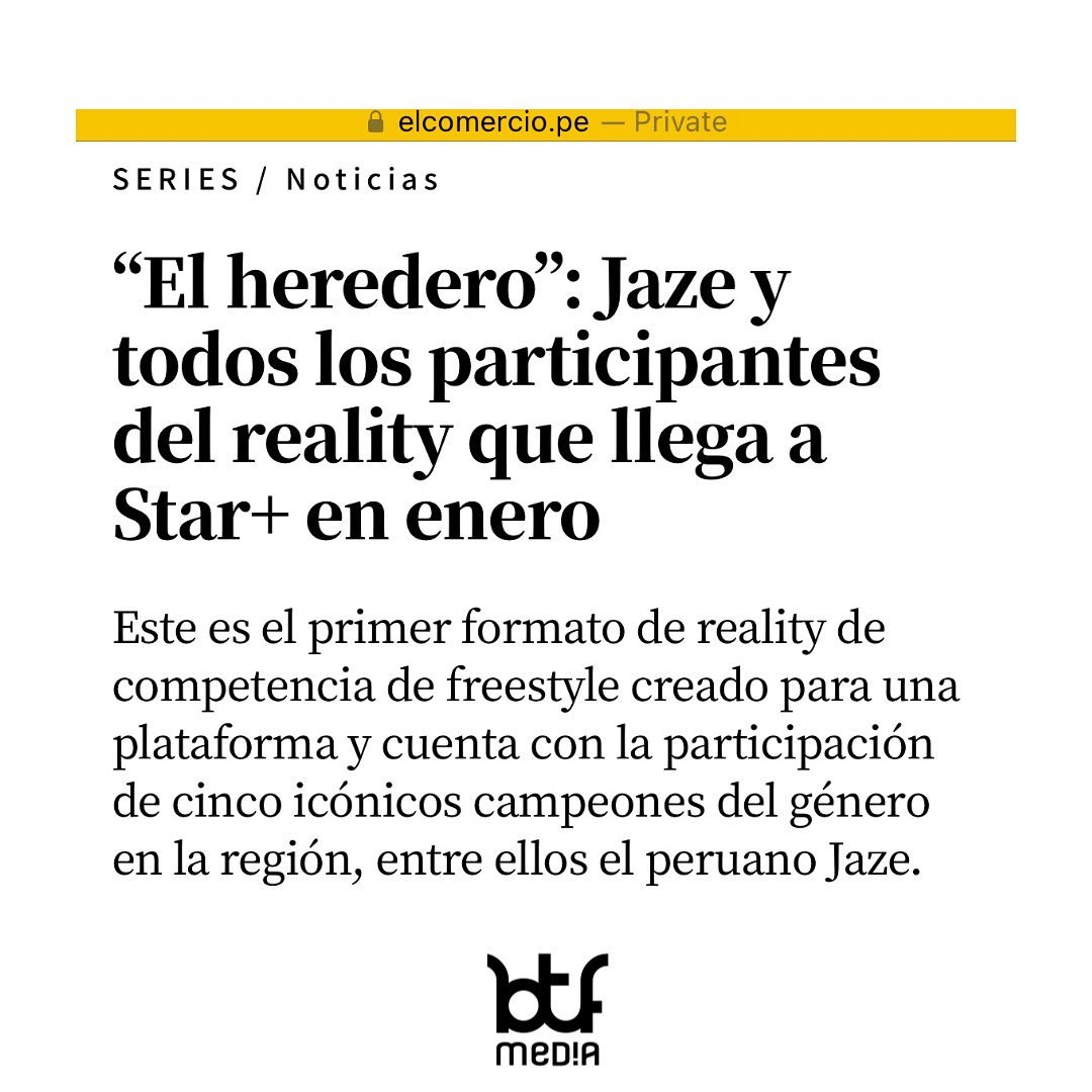 Faltan solo 2 días para que la producción de #BTFMedia “El Heredero: La dinastía del Freestyle” esté disponible en @starplusla

Gracias <a href="/elcomercio/">El Comercio</a> por destacar esta nueva propuesta que llega a romper esquemas. 

#BreakTheFormat #ElHeredero