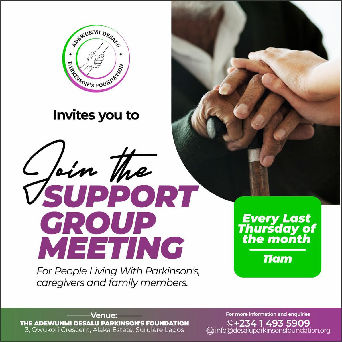 Are you a person living with Parkinson's disease, a Caregiver or family member in Lagos, Nigeria?

Join our in-person Support Group on Thursday, 26/01/2023.

Enquiries:
(+234)-1-4935909 or info@desaluparkinsonsfoundation.org

#parkinsonssupport
#parkinsonscommunity
#parkinsons