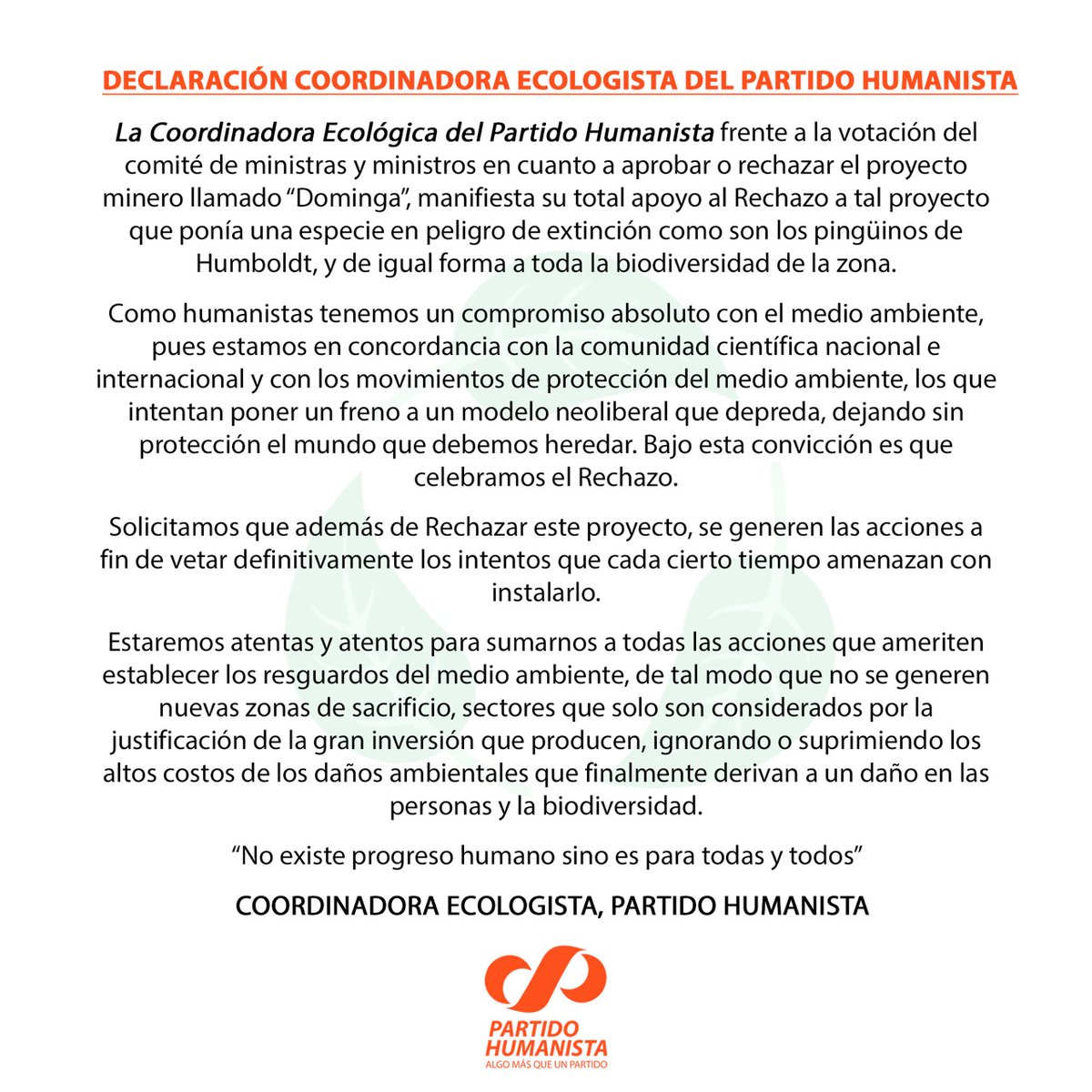 Manifestamos total apoyo al rechazo del proyecto minero Dominga

"no existe el progreso humano si no es para todas y todos"