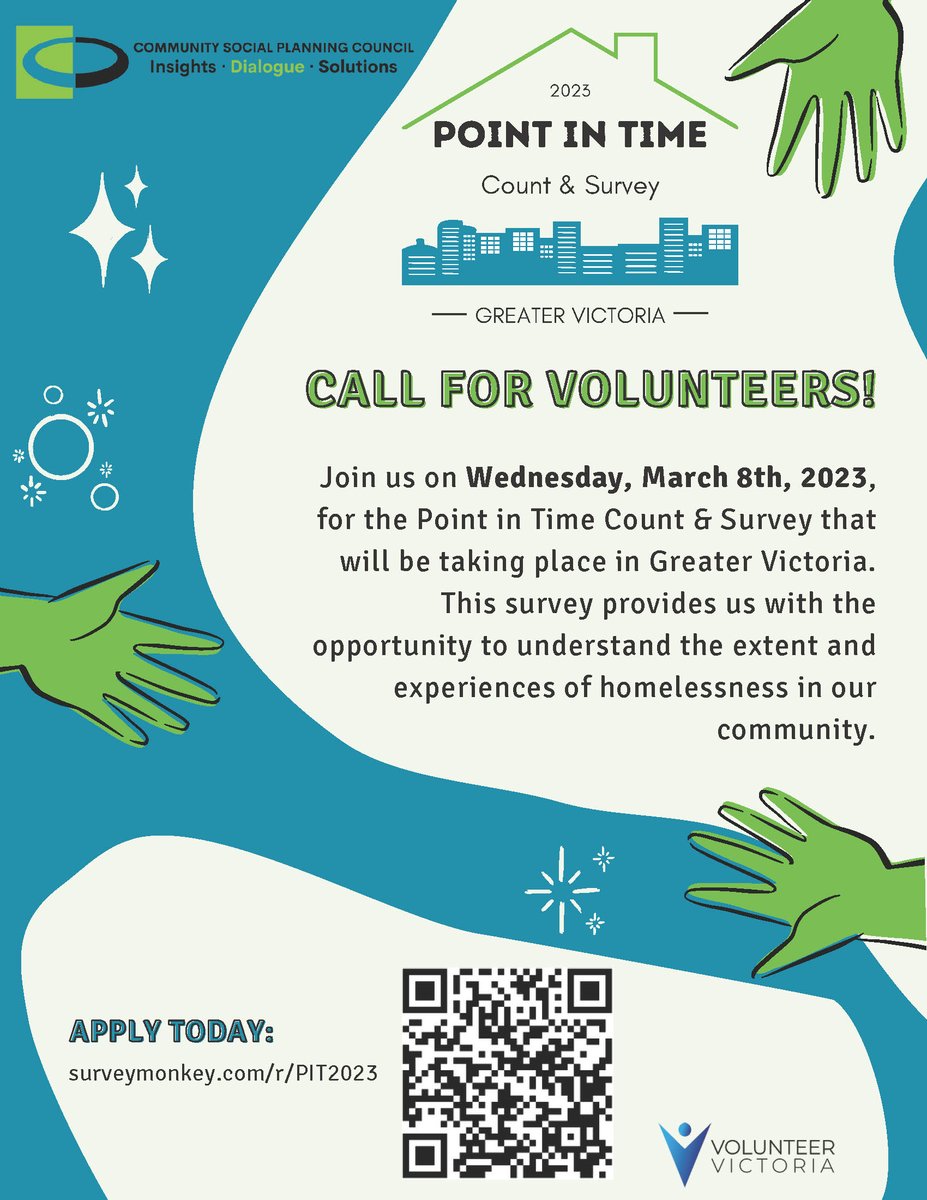 #CallForVolunteers 📣

The <a href="/CSPC_Victoria/">Community Social Planning Council</a> invites everyone to volunteer for the Point in Time Count &amp; Survey on March 8th, 2023.

For interested applicants, click this link surveymonkey.com/r/PIT2023 or scan the QR code.

#yyj #volunteervictoria