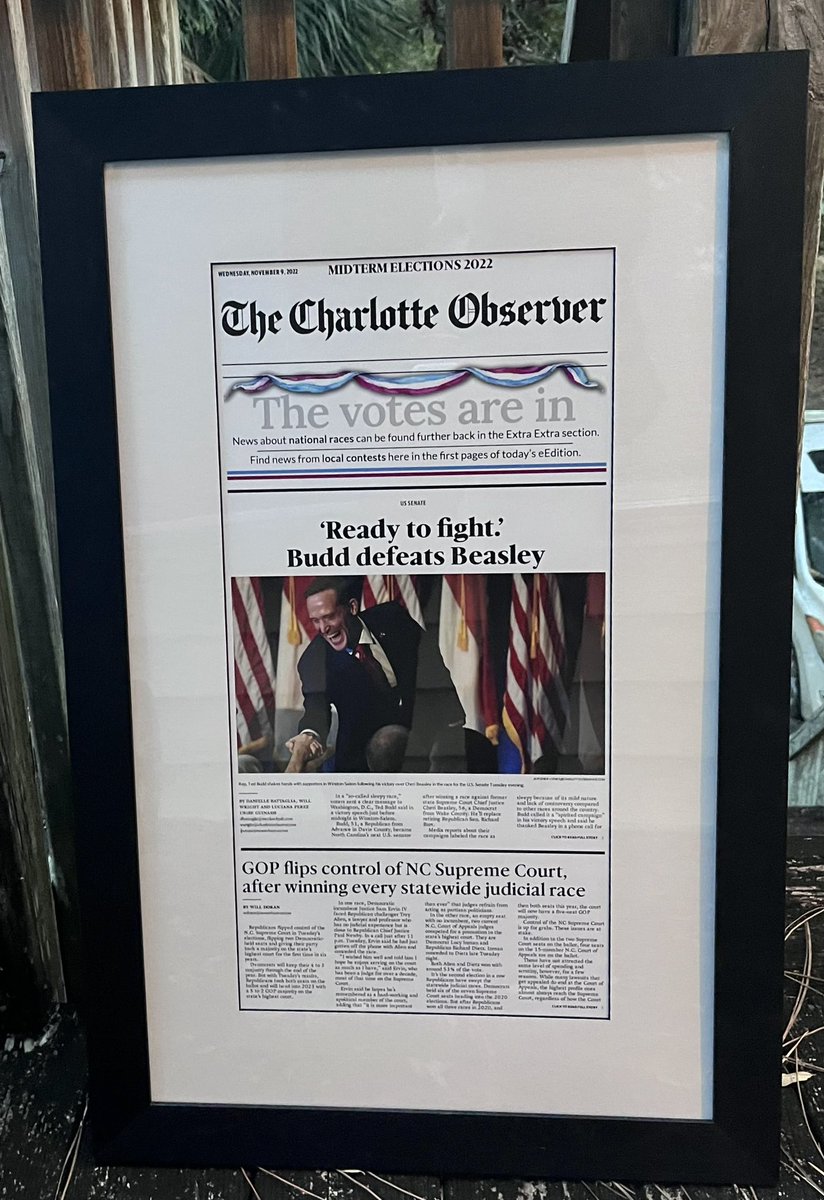 Came home this evening to see this bad boy was delivered. Simply the best headline of 2022! Thanks @mluethy for this wonderful piece of history that I was blessed to be a part of. #ncsen #ncpol