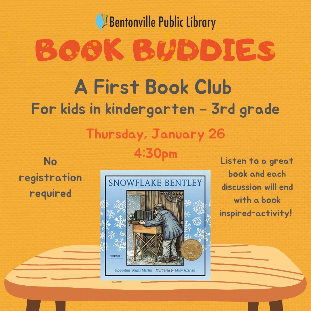 Tomorrow's Book Buddies: A First Book Club has been rescheduled for Thursday, January 26 at 4:30pm! We will still be reading "Snowflake Bentley" and doing a fun activity. For grades K- 3. Registration is not required. See you then!
#BPL #Library #BookBuddies #bookclub #kids