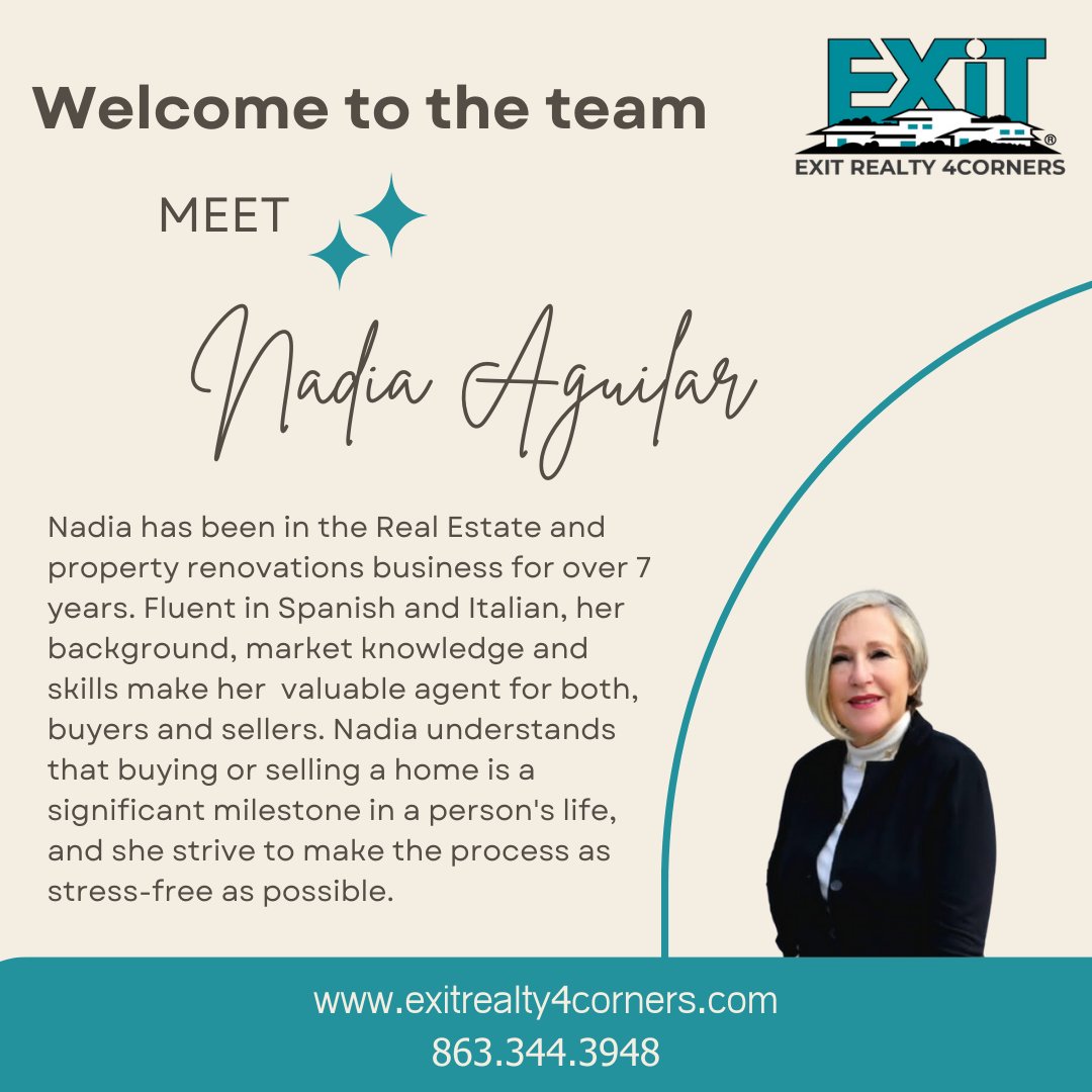 Help me Welcome Nadia Aguilar to Exit Realty EXIT Realty 4Corners

Happy to have you with us!

Interested in joining our team or wondering how Exit Realty can take your business to the NEXT LEVEL

Call us TODAY @ 863-344-3948

#exitrealty4corners #joinexit...