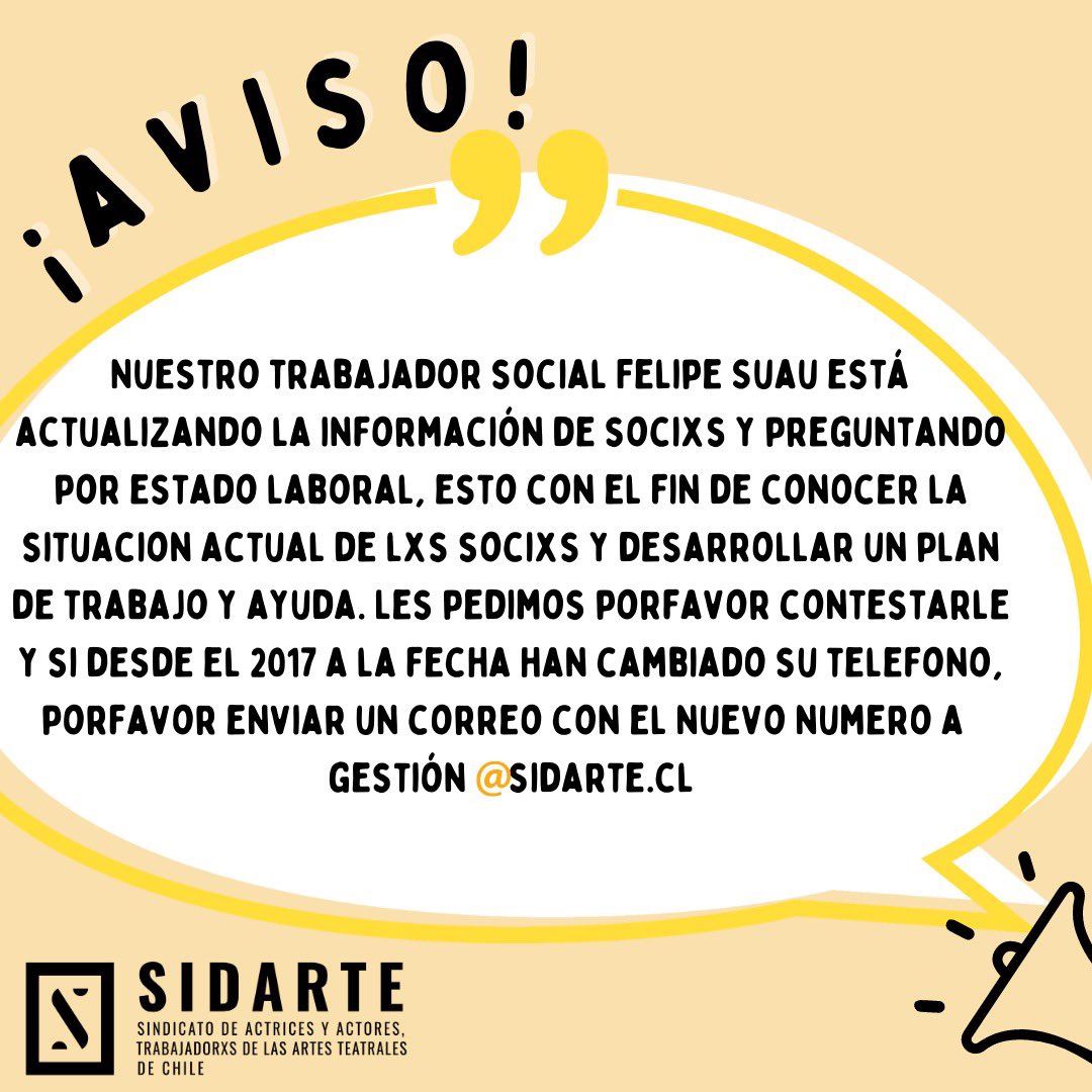 sidarte_chile's tweet photo. 🔔 ¡Atención socixs Sidarte! #sidarte #sindicato https://t.co/KdQtKhABHy
