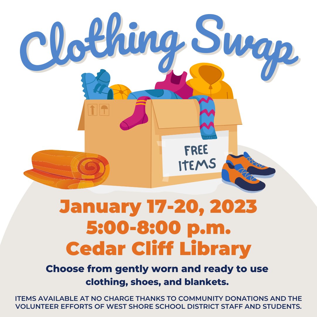 WestShoreSD's tweet image. CLOTHING SWAP: What size do you need?  We have clothing for everyone in your family. Please come out and help yourself. Our Clothing Swap is going on now through Friday, from 5-8 p.m. each night at Cedar Cliff High School. #WestShoreStrong #PleaseShare