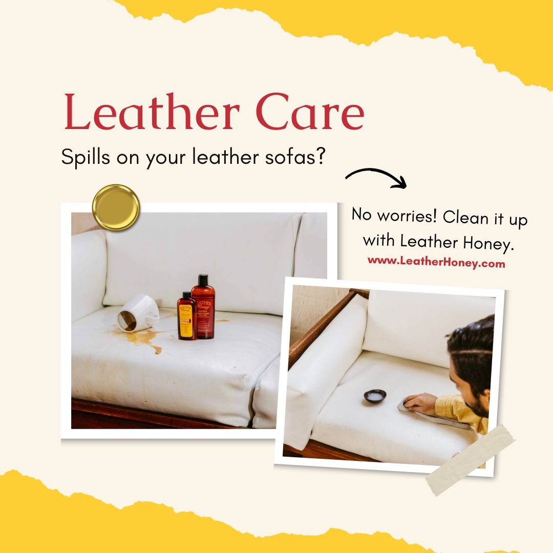 Suffering from random spills on your leather sofa? No worries, we got you! 😉Cleaning it up with Leather Honey is as easy as 1-2-3! 👌

Leather Honey's non-toxic formulas clean, condition, and preserve your leather, leaving it with a natural shine. 💯

We recommend regularly t...