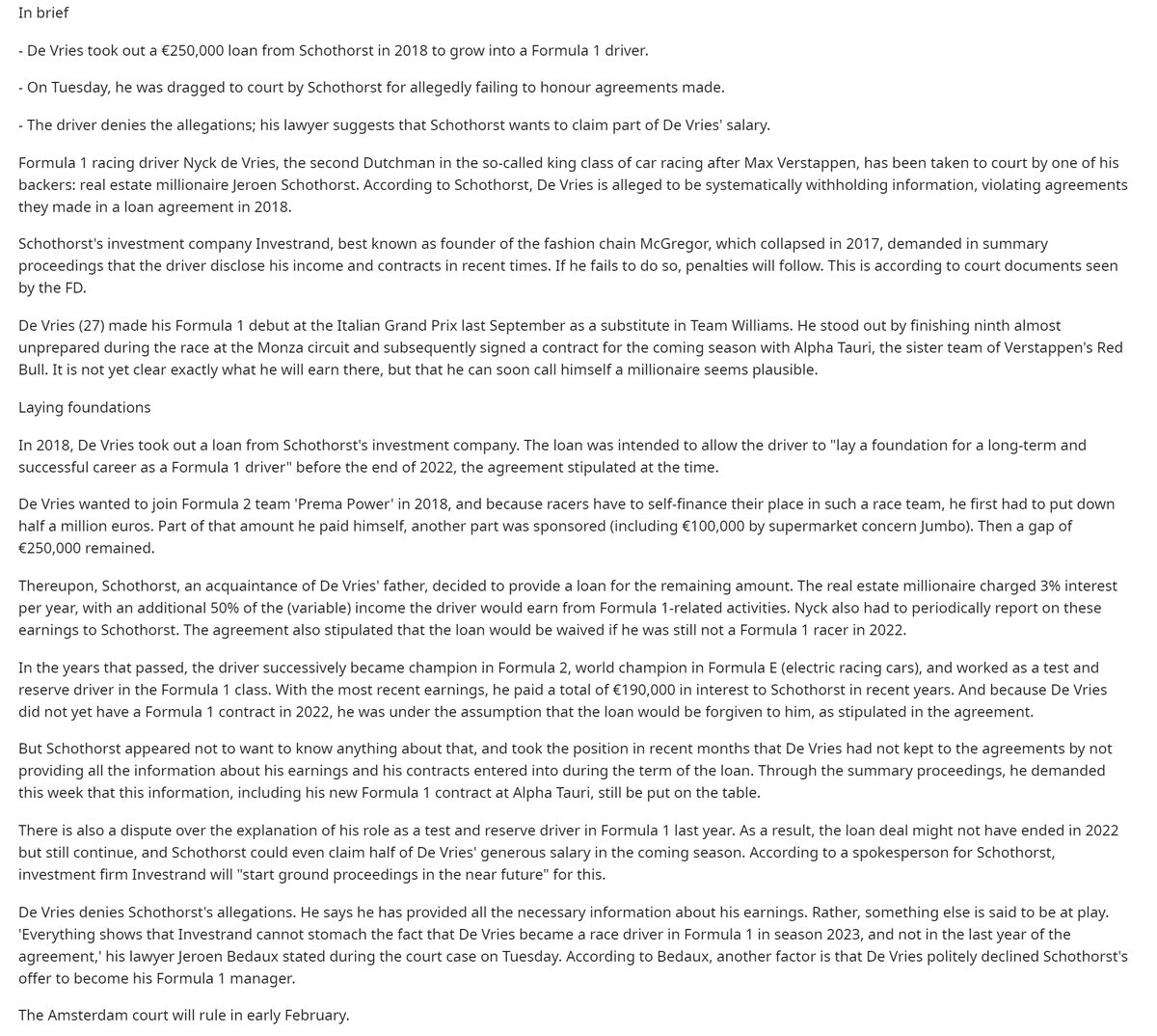 there_is_no_if's tweet image. This is an absolutely bonkers story. Apparently Nyck de Vries took out a €250k loan to fund his chances of reaching #F1, which if successful (and happened by the end of '22) promised his lender 50% of total earnings too. He signed his deal for '23, but lender is still suing him.