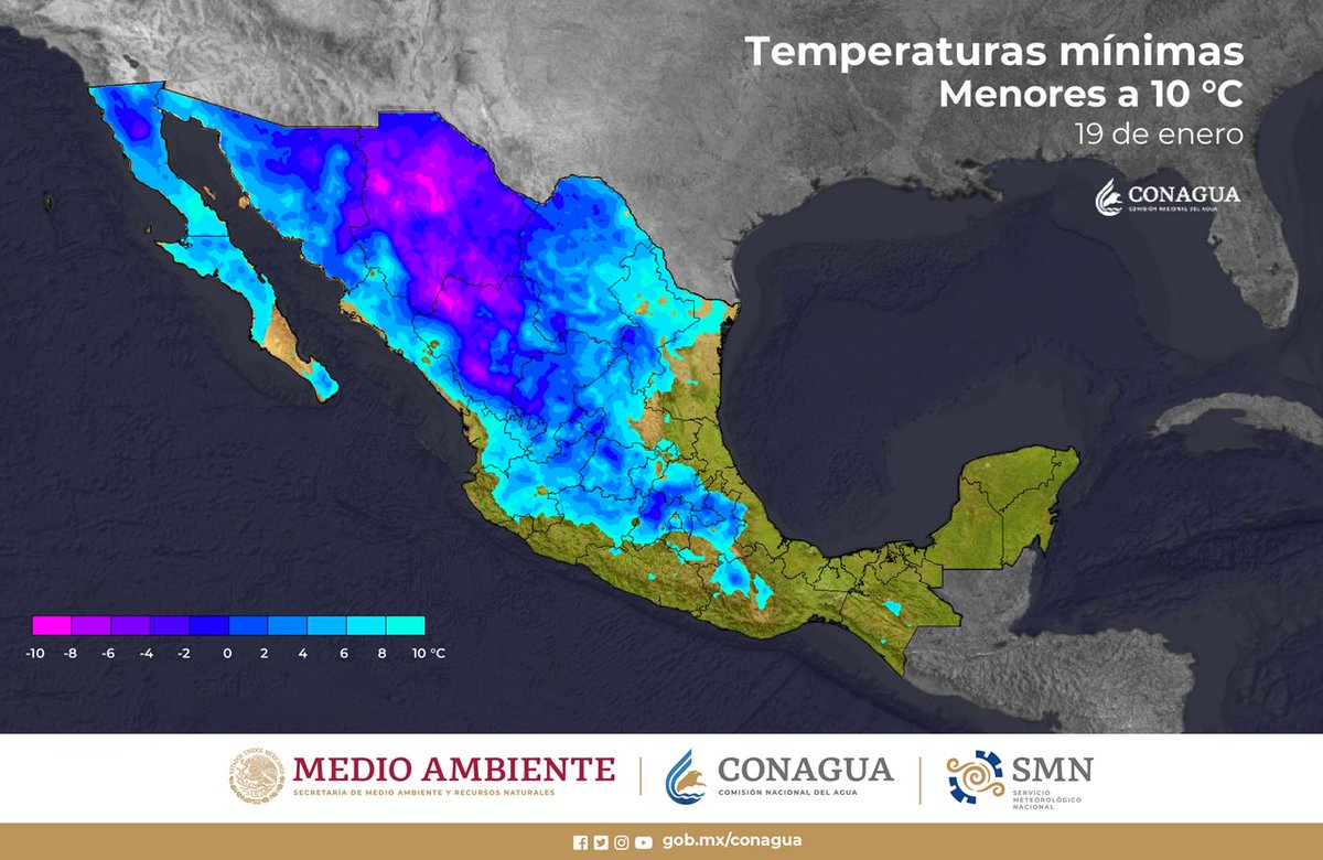 La madrugada del jueves se pronostican #Temperaturas mínimas de -10 a -5 °C con heladas en sierras de #BajaCalifornia, #Sonora, #Chihuahua y #Durango, 
y de -5 a 0 °C en zonas montañosas de #Coahuila, #NuevoLeón, #Zacatecas, #Aguascalientes, norte de #Jalisco y #EdoMéx 🧥