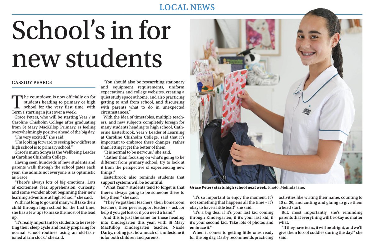 Fantastic to see Grace smiling at us from the pages of the Western Weekender this morning! We are really looking forward to welcoming all of the new Year 7 students to Caroline Chisholm very soon! <a href="/wwpenrith/">Western Weekender</a> <a href="/CatholicEdParra/">Catholic Schools Parramatta Diocese</a> <a href="/TaniaCairns/">Tania Cairns</a> #BacktoSchool2023 #highschool
