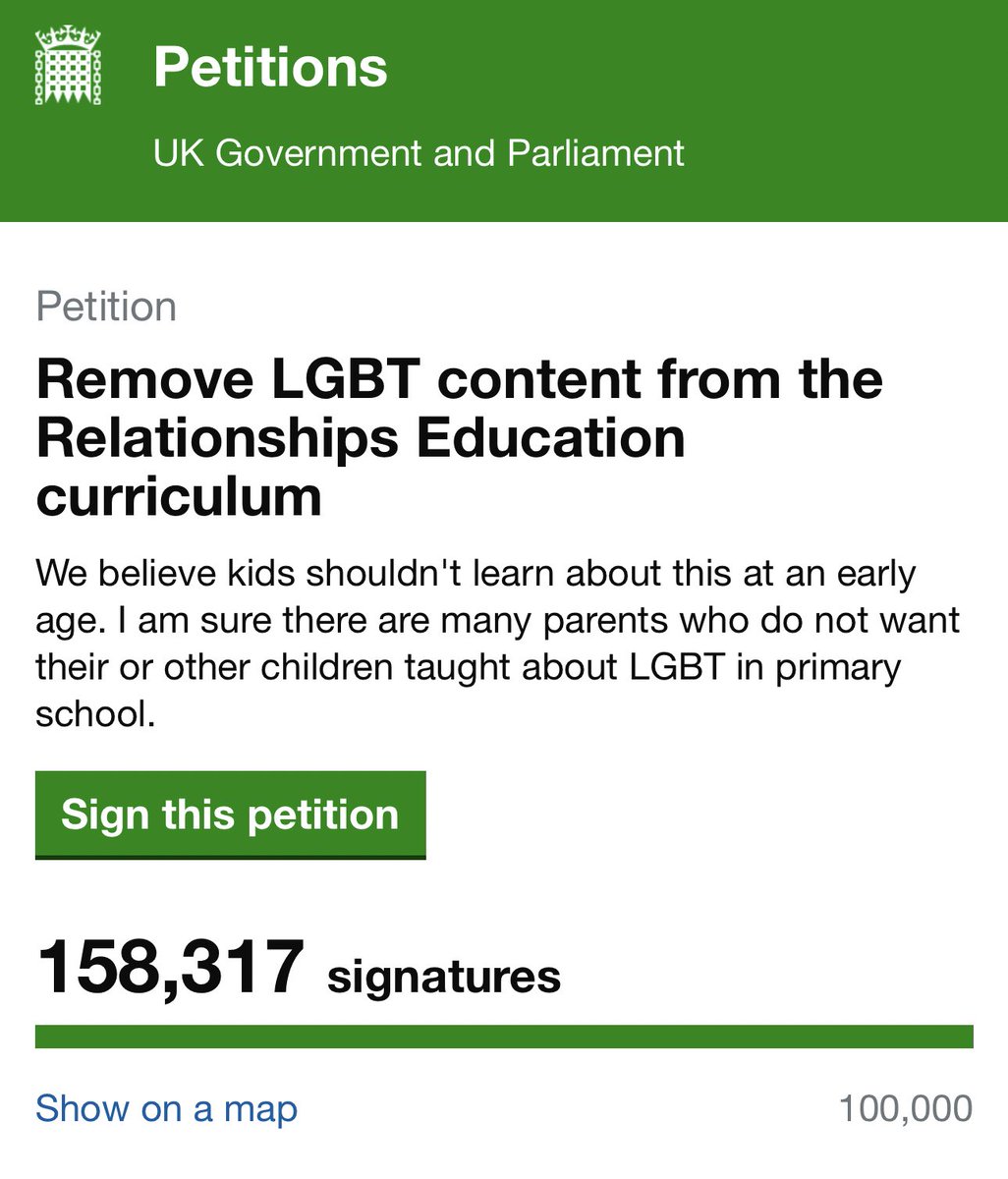 My heart breaks this petition’s even been approved. It’s already passed 100,000 signatures meaning it will be debated. 158,317 bigots so far want another Section 28, they don’t care about us. We must fight this. Education is key to secure a better future for us all. #LGBT 🏳️‍🌈🏳️‍⚧️
