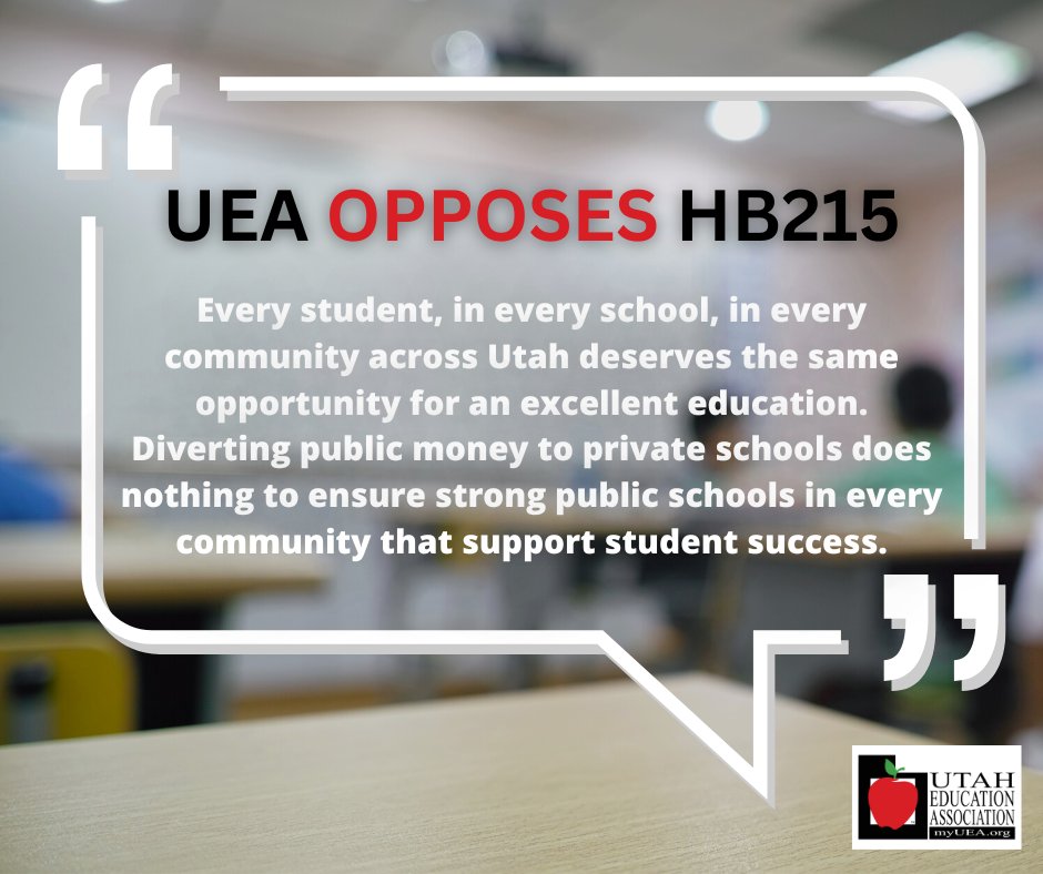Tell your legislators to vote "No" on HB215. The voucher bill linked to a teacher salary increase will be introduced in the House Education Standing Committee on Thursday, January 19 at 2:00 p.m.  #MyUEA #uted