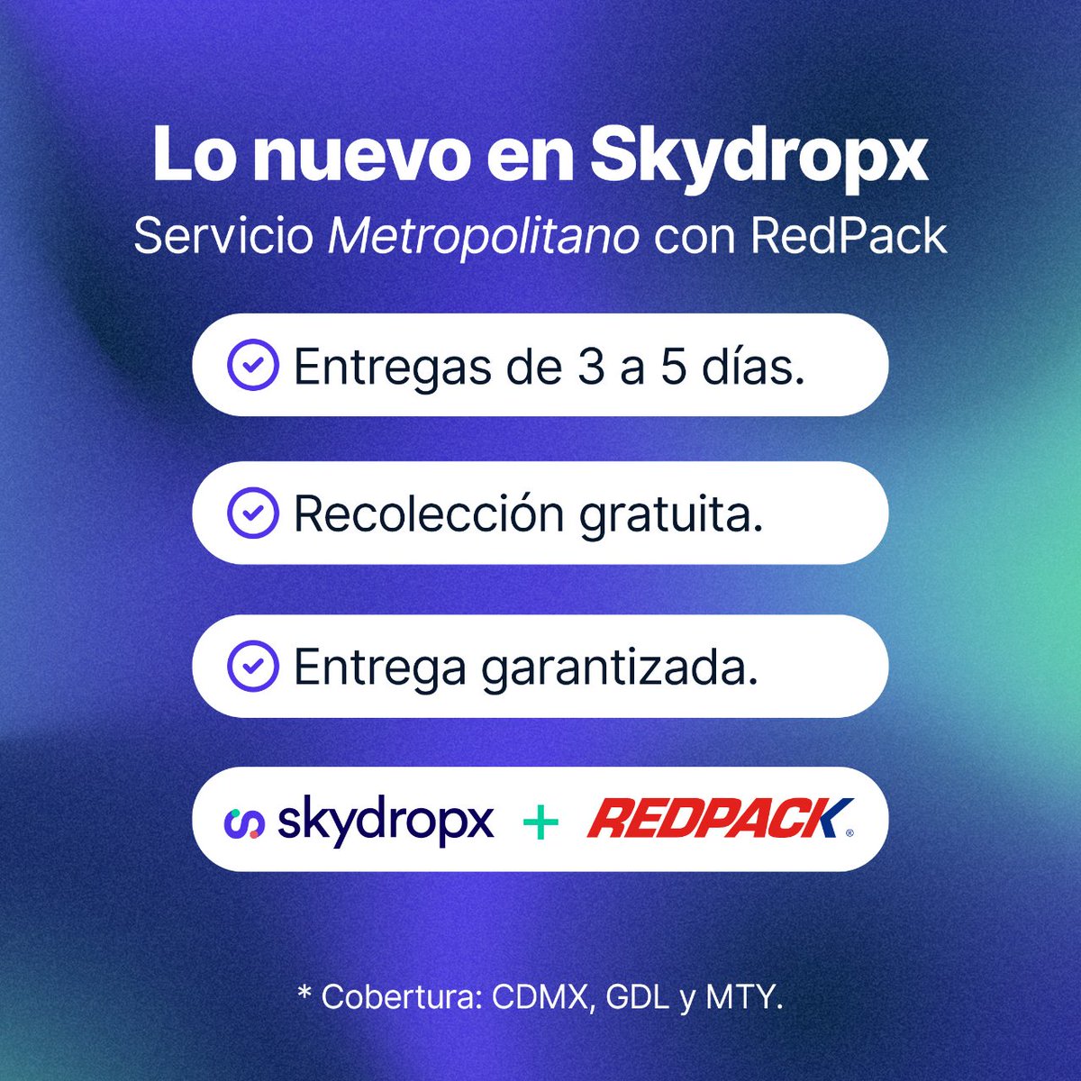 🚚 ¡Nuevo servicio Metropolitano! 🔔 Realiza tus envíos con Redpack para paquetes de hasta 5 kg con estos beneficios:
✅ Entregas de 3 a 5 días
✅ Recolección gratuita
✅ Entrega garantizada

 Encuéntralo directamente en nuestra plataforma 💥

#Skydropx 🇲🇽