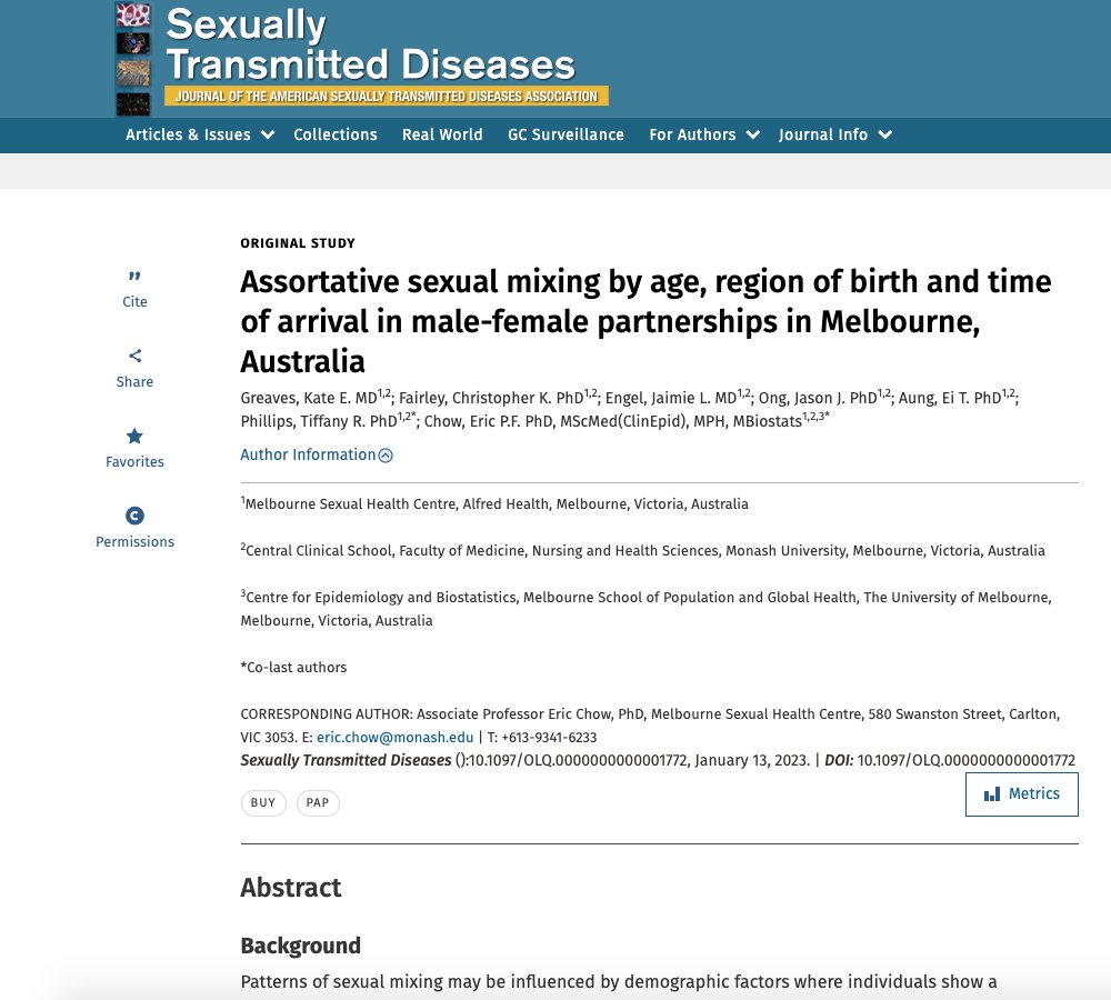 MSHC Research (@mshcresearch) on Twitter photo A new article has been published in <a href="/STD_Journal/">STD Journal</a> from our medical placement student Kate Greaves that examines assortative sexual mixing by age, region of birth and time of arrival to Australia among heterosexuals.
Read it here: bit.ly/3XKlHFH A new article has been published in <a href="/STD_Journal/">STD Journal</a> from our medical placement student Kate Greaves that examines assortative sexual mixing by age, region of birth and time of arrival to Australia among heterosexuals.
Read it here: bit.ly/3XKlHFH