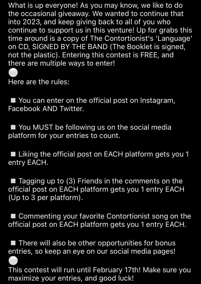 ProgDjentPod's tweet photo. New Year, new giveaway! We have a SIGNED copy of The Contortionist’s Language CD. See details in the photo for how to enter. Must be following for entries to count. You can get more entries on our other social media platforms as well! #giveaway #music #podcast #metal #rock #prog https://t.co/EtrQSXSIAZ