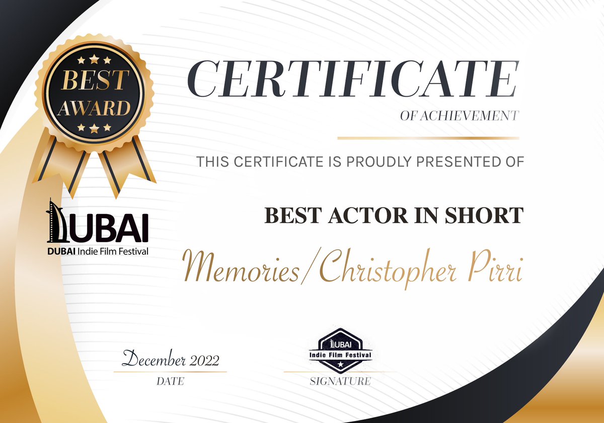 Completely blown away by this! Thank you to the Dubai Independent Film Festival for the “Best Actor in Short”Award. #actor #acting #FilmFestival #FilmAward