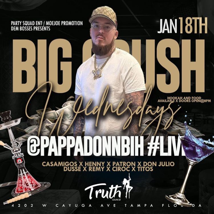 TruthLounge813's tweet photo. BIG CRUSH WEDNESDAYS
@pappadonnbih @jes_b1 #LIVE
$100 Bottles of Hennessy 🥃 $10 Top Shelf Liquor Casamigos, Hennessy, Patron, Dusse, Remy, Tito’s…
Powered by @party_squad_ent @moejoepromotion #DemBosses
#truthlounge #truthallweek #Tampa #stripclub #WeLit🔥 #BigCrushWednesdays https://t.co/W6yGwcXeNr