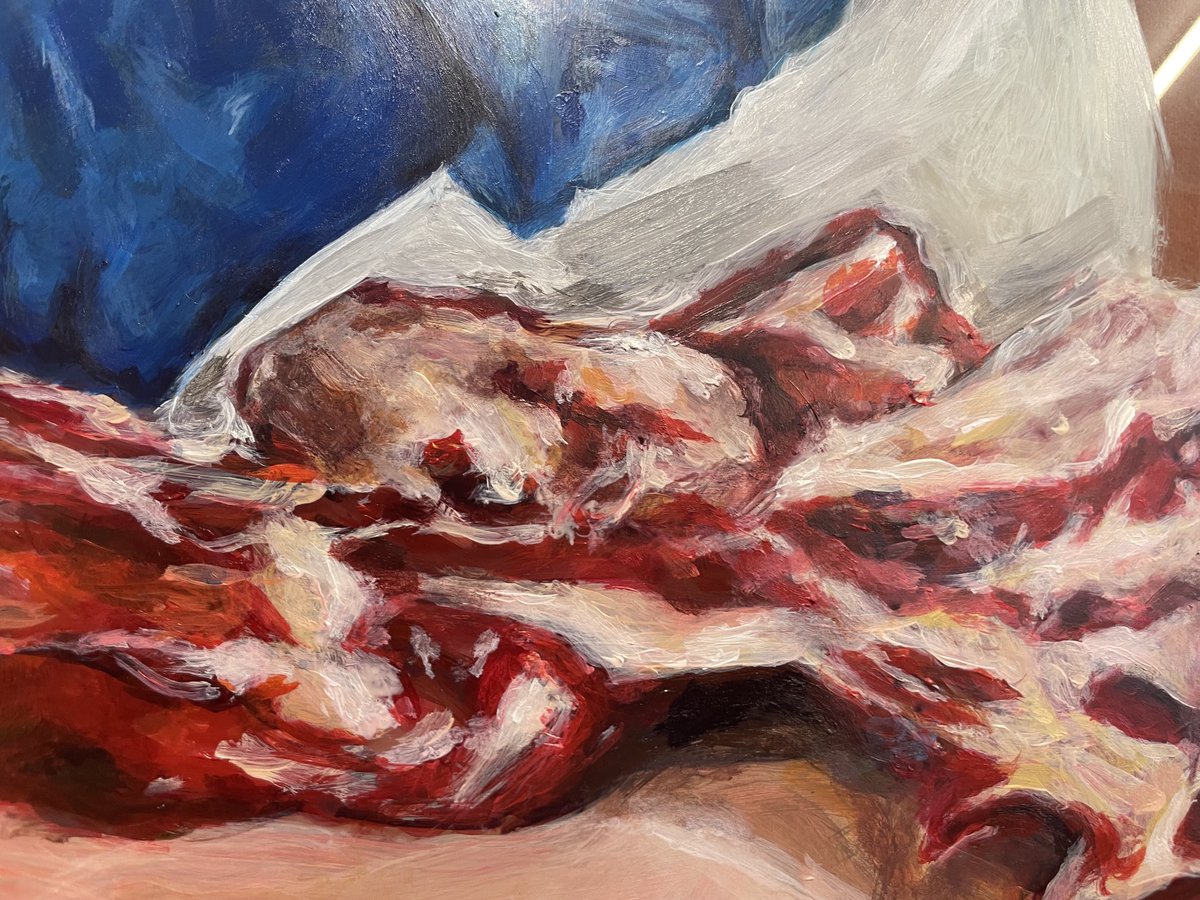AlbermarleArt's tweet photo. A little preview of an upcoming #artcraftdesign #alevelart piece. From a predominantly Vege dept - it feels slightly out of sync to say these are beautifully painted pieces of meat! #veganuary #chooseart #meatpainting https://t.co/dEg8PyPkI0
