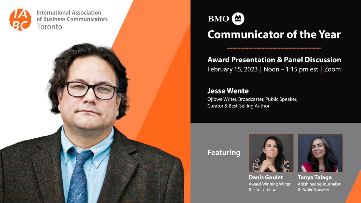 Join us to honour Jesse Wente with #IABCTO's <a href="/BMO/">BMO</a> Communicator of the Year award. Hear from <a href="/danisgoulet/">Danis Goulet</a> &amp; <a href="/TanyaTalaga/">Tanya Talaga</a> to explore the power of comms for reconciliation &amp; how they use storytelling to inform, inspire &amp; transform. 

Register: toronto.iabc.to/event/iabc-tor…

#COTY22