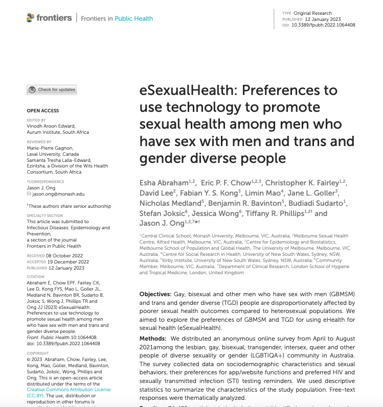 MSHC Research (@mshcresearch) on Twitter photo New article from our honours student Esha Abraham has been published in <a href="/FrontPubHealth/">Frontiers - Public Health</a> that explores preferences for using eHealth for sexual health needs among gay and bisexual men and trans and gender diverse people. Read the article here: bit.ly/3CXXCmK New article from our honours student Esha Abraham has been published in <a href="/FrontPubHealth/">Frontiers - Public Health</a> that explores preferences for using eHealth for sexual health needs among gay and bisexual men and trans and gender diverse people. Read the article here: bit.ly/3CXXCmK
