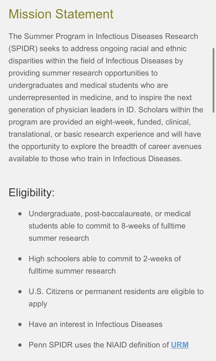 Aaron Richterman, MD (@aaronrichterman) on Twitter photo Please share widely:
Penn Summer Program in Infectious Diseases Research (SPIDR) app is live for summer 2023! This is a *paid, mentored summer research program* for underrepresented in medicine trainees from HS to med school.
Apps due 2/1
<a href="/KreiderTed/">Ted Kreider</a>
pennmedicine.org/departments-an… Please share widely:
Penn Summer Program in Infectious Diseases Research (SPIDR) app is live for summer 2023! This is a *paid, mentored summer research program* for underrepresented in medicine trainees from HS to med school.
Apps due 2/1
<a href="/KreiderTed/">Ted Kreider</a>
pennmedicine.org/departments-an…