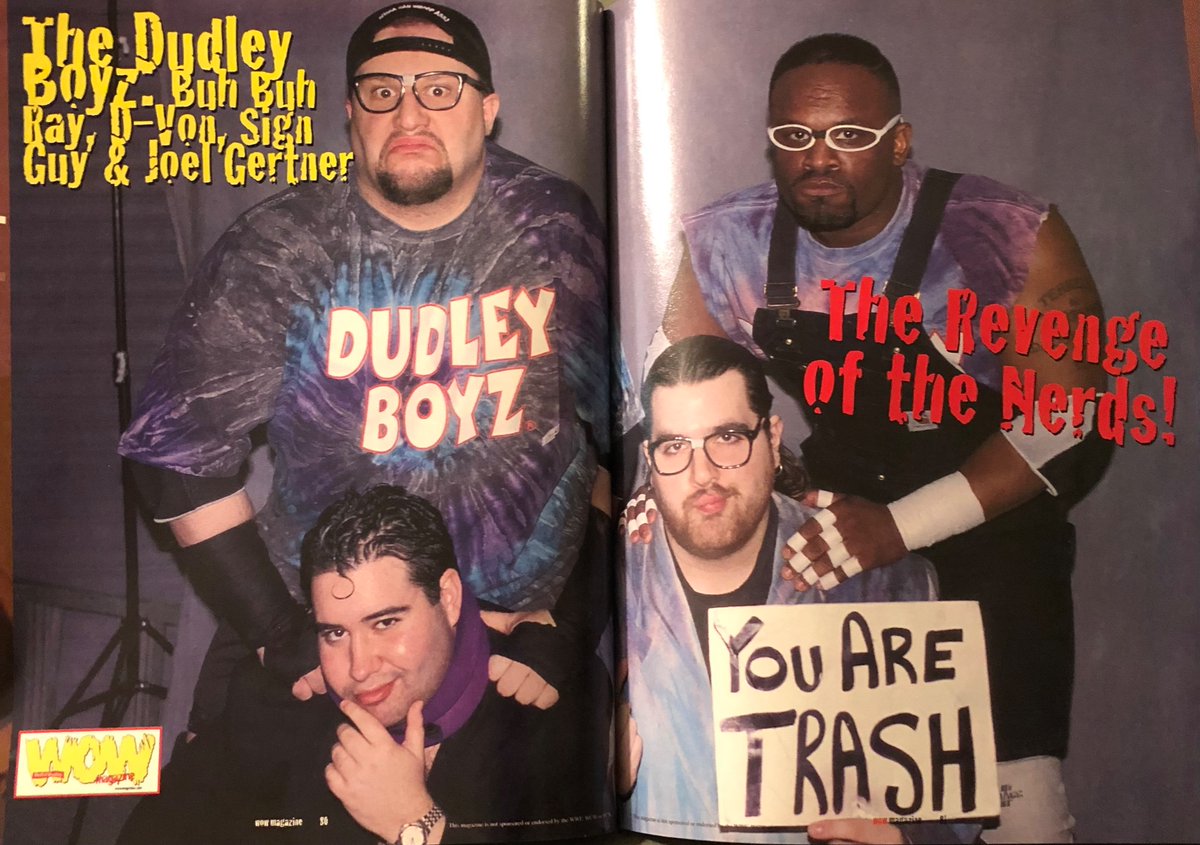 WOW__Magazine's tweet image. The Dudleys: Buh Buh Ray, D-Von, Sign Guy; plus Joel Gertner 2 page spread from WOW magazine issue 3 #bubbaraydudley #dvondudley #signguy #joelgertner #ecw #attitudeera #wowmagazine #thedudleyboyz