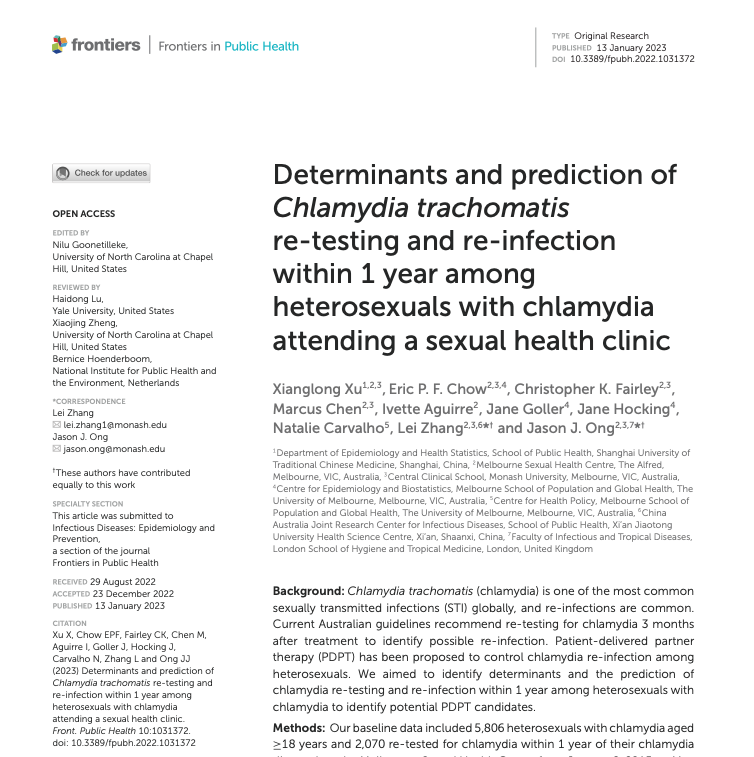 MSHC Research (@mshcresearch) on Twitter photo New article from PhD candidate <a href="/Eric78916/">Eric XL XU</a> has been published in <a href="/FrontPubHealth/">Frontiers - Public Health</a> on the determinants and prediction of chlamydia retesting and reinfection within one year among heterosexuals attending MSHC.
Read it here: bit.ly/3XIGkSn New article from PhD candidate <a href="/Eric78916/">Eric XL XU</a> has been published in <a href="/FrontPubHealth/">Frontiers - Public Health</a> on the determinants and prediction of chlamydia retesting and reinfection within one year among heterosexuals attending MSHC.
Read it here: bit.ly/3XIGkSn