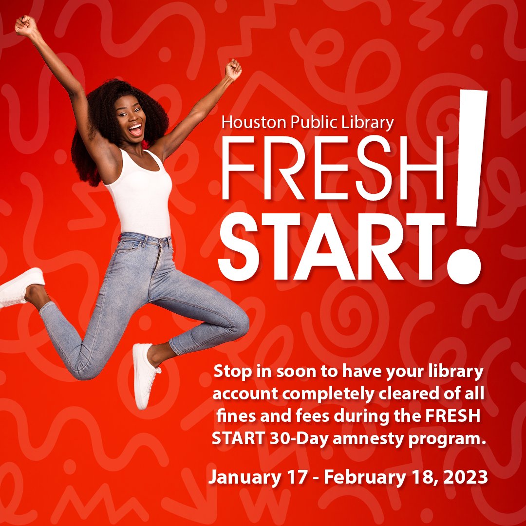 houstonlibrary's tweet image. Can&apos;t wait to clear fines from your account now that we&apos;re fine free? Our #HPLFRESHSTART amnesty program is officially underway! Through Feb. 18, visit a library &amp;amp; a staff member will remove them for you. houstonlibrary.libanswers.com/faq/381874 #HPLGoesFinesFree #OneHoustonOneLibrary #ILoveHPL