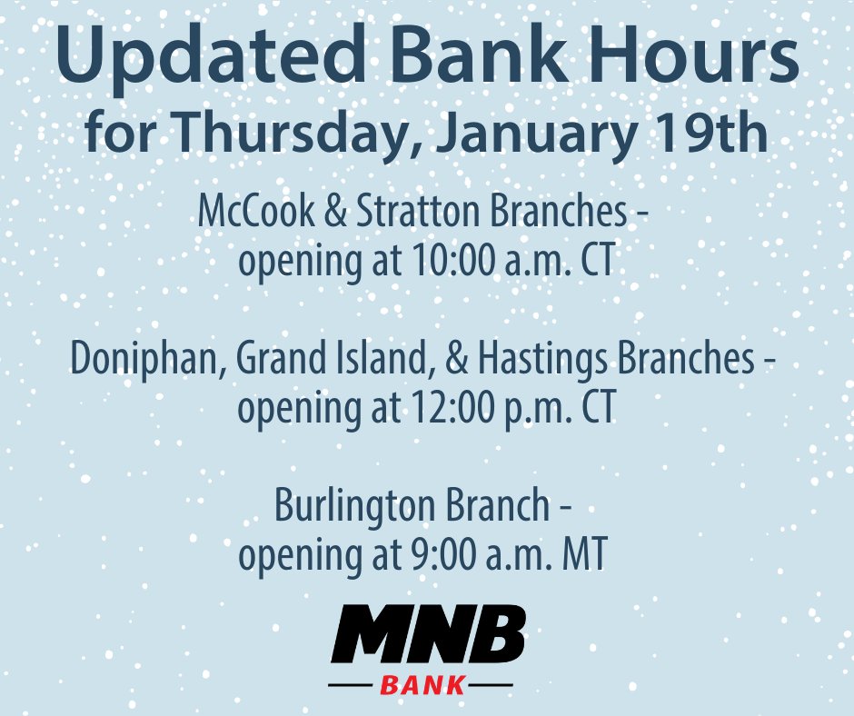 ❄❄ Updated Hours ❄❄
For the safety of our employees and customers we will be opening a few hours late tomorrow, January 19th.

You can always check balances and make deposits through our mobile app 24/7!