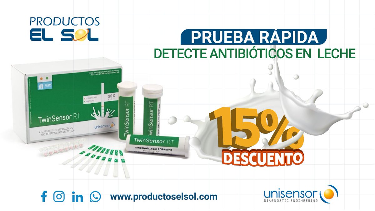 productos_elsol's tweet image. 𝐓𝐞𝐬𝐭 𝐟𝐚́𝐜𝐢𝐥 𝐲 𝐫𝐚́𝐩𝐢𝐝𝐨 🔝⏲
Detecta la contaminación de la leche 
por antibióticos Beta-Lactámicos y Tetraciclinas.🐄🥛
Evite que los antibióticos acaben en la cadena alimentaria.
#Pessa #Lácteos #Unisensor
👉 Permítanos asesorarle
📲 : (505) 8447 4633