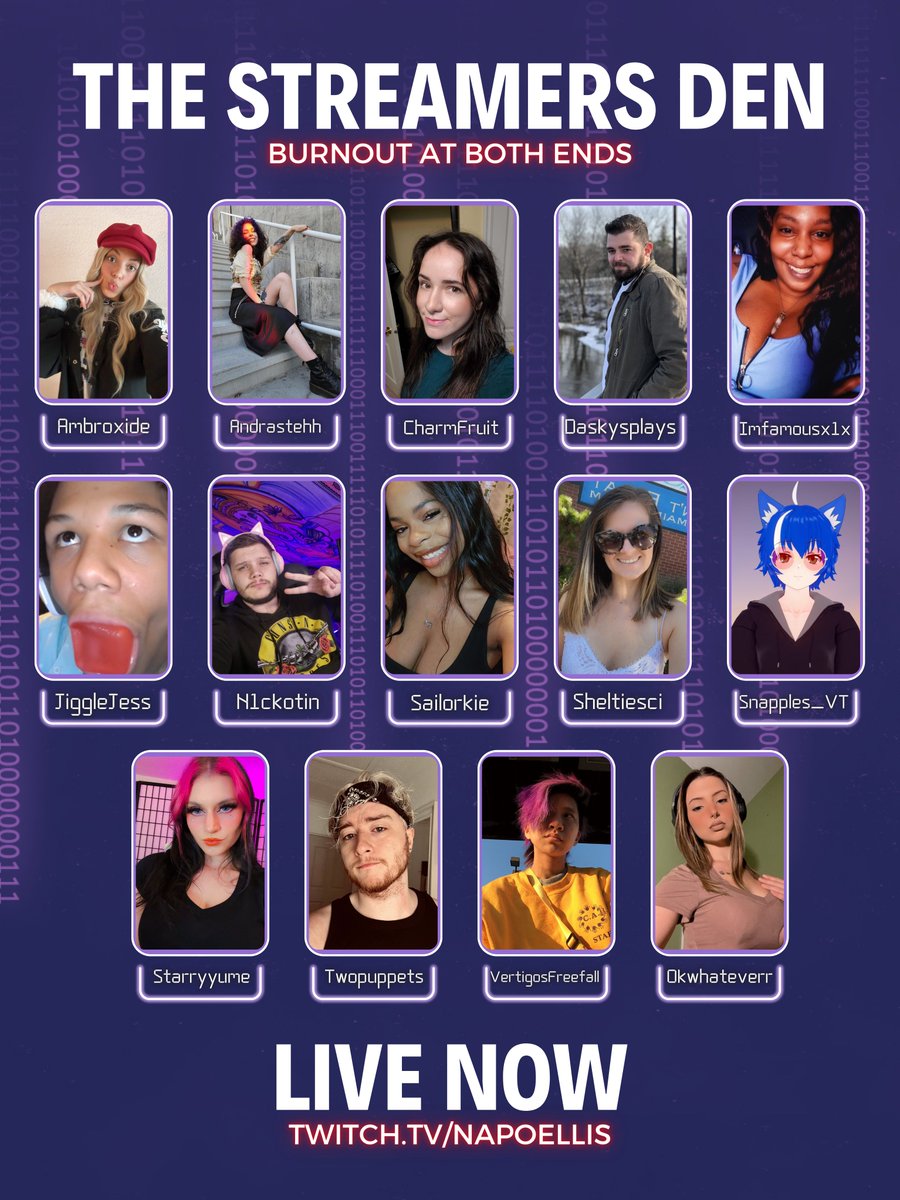 🚨 THIS SHOW IS STACKED. 🚨

#TheStreamersDen📢 is NOW LIVE discussing burnout and mental health as a streamer. 

🔴twitch.tv/napoellis

Cast Members 🧵👇
