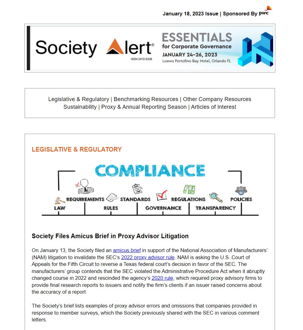 Latest Alert sponsored by <a href="/PwC/">PwC</a> with Benchmarking: 10b5-1 Plans * Board Refreshment * #AuditCommittee * HCM Disclosure &amp; More | Comm Agendas: Nom/Gov * Comp | #Climate Disclosure | #Proxy/10-K Prep is available to Society members @ lnkd.in/eVJ-KsaQ. #corpgov #boardgovernace