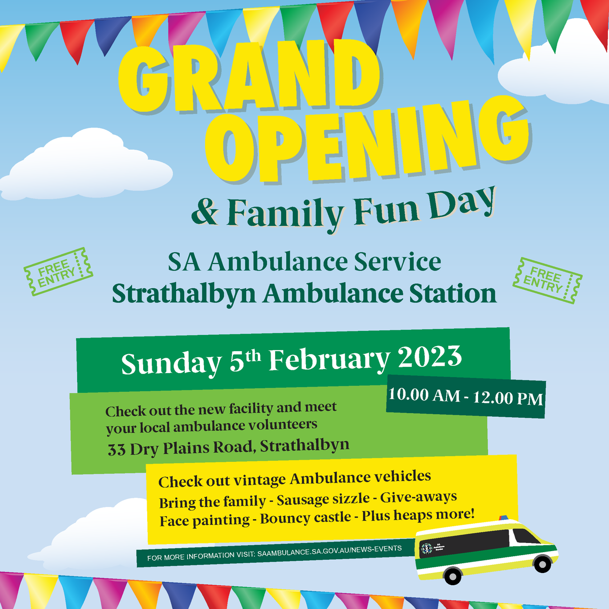📣We are excited to announce the Grand Opening of our new Strathalbyn Ambulance Station! Everyone is invited to our family-friendly event on Sunday 5 February. Join us for coffee and cake, sausage sizzle, face painting or a go on the bouncy castle🎪facebook.com/events/7300954…